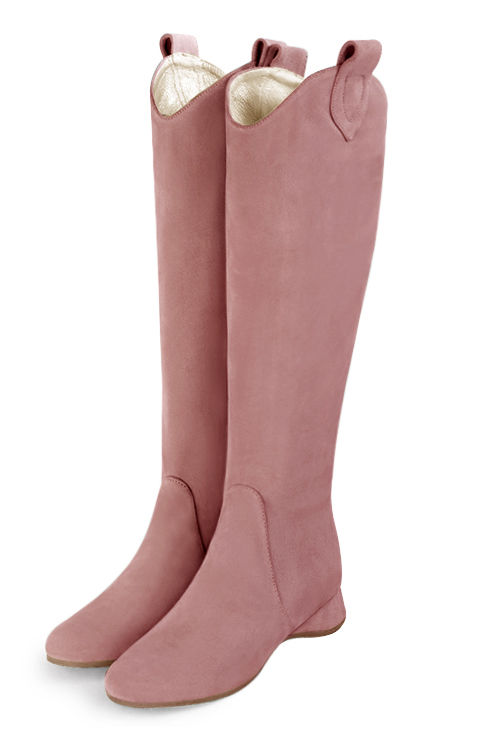 Dusty rose pink women's cowboy boots. Round toe. Flat wedge heels. Made to measure. Front view - Florence KOOIJMAN